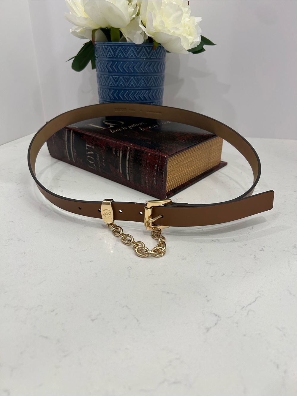 Michael Kors Brown Leather Belt with Gold Chain Accent